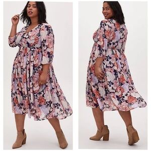 Torrid NAVY FLORAL SWISS DOT BUTTON DOWN TEA LENGTH DRESS 0/12